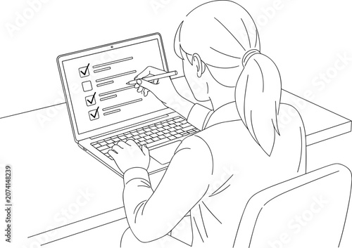 Person working on laptop computer ticking off tasks on digital checklist during daily office work