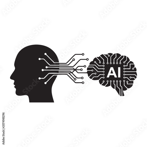 Human head profile silhouette connecting to artificial intelligence AI brain with digital circuit lines vector illustration on white background
