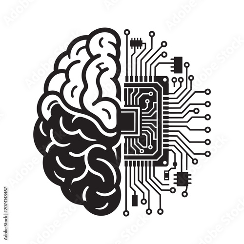 Human brain and artificial intelligence AI digital circuit board concept half logic mind and half technology chip vector illustration on white background