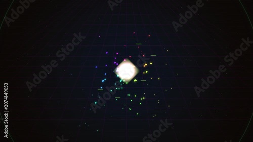 Neon geometric sphere and glowing particles in digital grid background