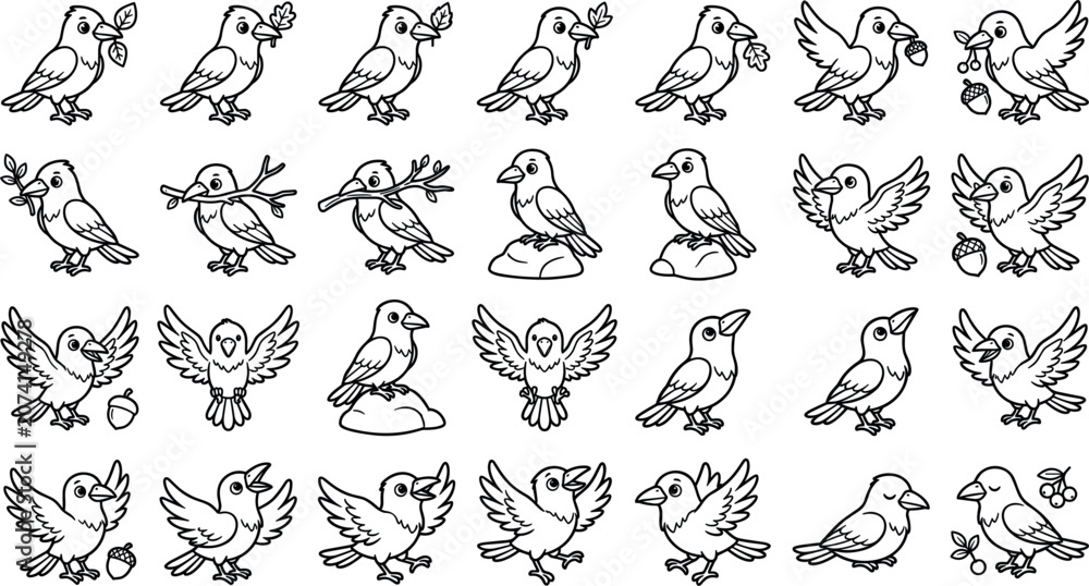 Fototapeta premium Cute crow line art vector collection featuring cartoon ravens flying standing holding twigs leaves and acorns in different poses