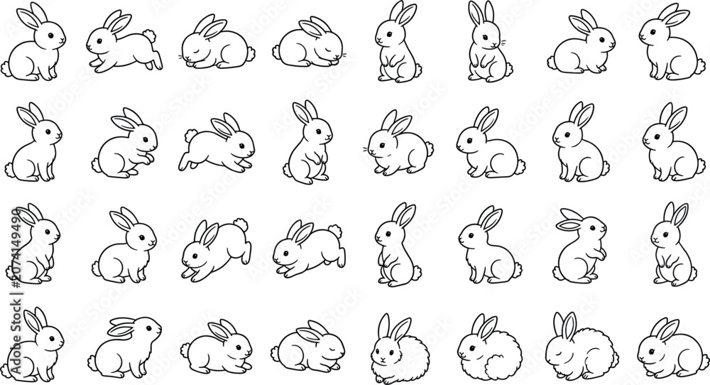 Obraz premium Cute bunny line art vector collection showing simple rabbit characters in various poses like running sitting and sleeping for easter