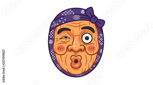 Foto Funny Japanese Hyottoko mask with puckered mouth.
