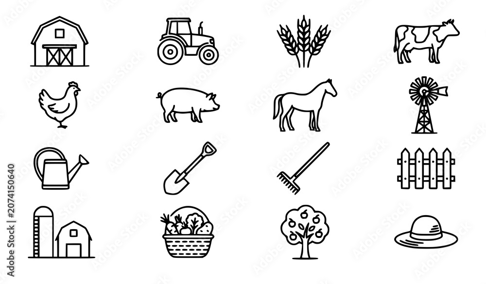 Obraz premium Black farm and agriculture icon set with farming and livestock silhouettes