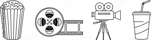 Valokuva Cinema and movie entertainment vector icon set featuring popcorn film reel camer