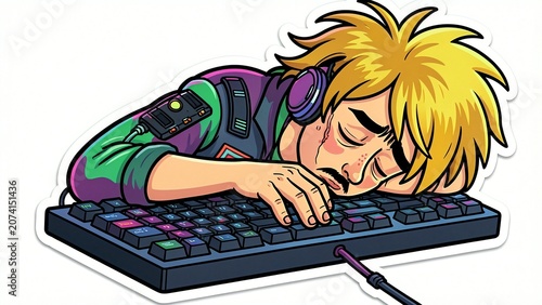 A man sleeping on a computer keyboard with headphones on