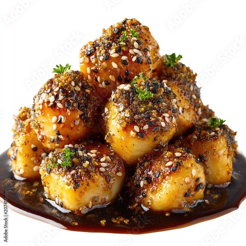 Glazed scallop stack, sesame seeds & sauce against white