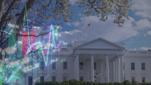 Fotografia White House Building Overlay with Fluctuating Stock Charts and Trading Numbers,