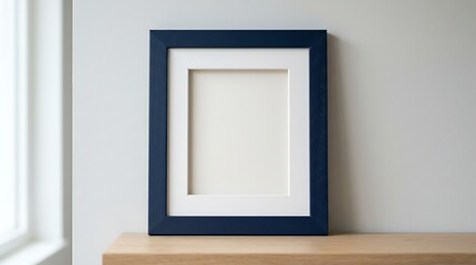 Empty modern frame displayed on light wooden shelf against wall