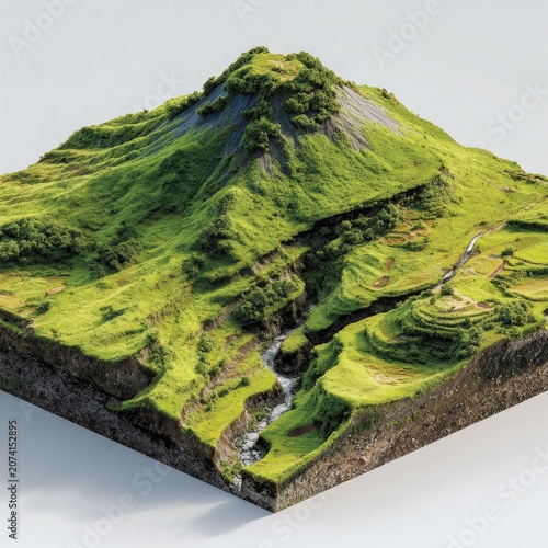 Isometric green mountain landscape with river and terraced fields