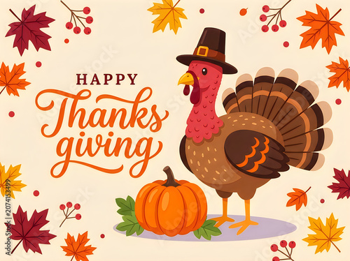Vibrant Thanksgiving illustration featuring cartoon turkey in festive autumn attire standing beside pumpkin surrounded by maple leaves and berries, warm sepia-toned color palette with soft flat design