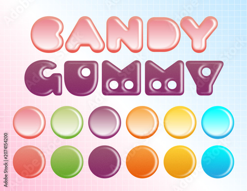 ぷにぷにグミ＆キャンディ風のテキストエフェクト。カラフルで編集可能な装飾文字のベクター素材。