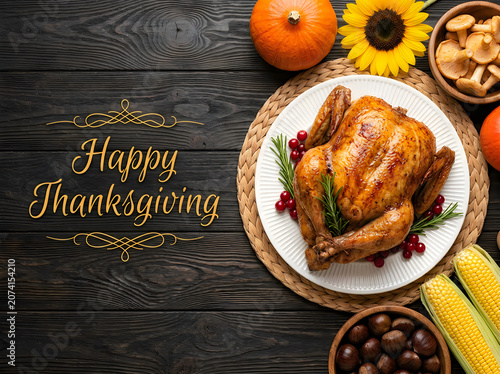 Vibrant Thanksgiving feast featuring golden roasted turkey with cranberries, seasonal pumpkin, mushrooms, and corn on rustic wooden table with warm studio lighting and festive golden text overlay