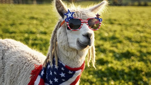 Happy Alpaca Wearing Patriotic Sunglasses and Star Scarf in Field - A fluffy alpaca stands in a grassy field, wearing festive patriotic sunglasses adorned with stars and a red, white, and blue