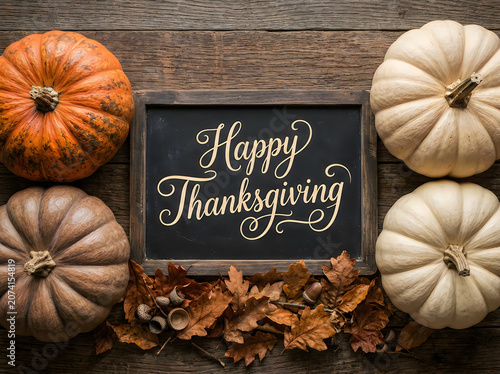 Vibrant autumnal Thanksgiving composition featuring three pumpkins in warm earthy tones with elegant cursive 'Happy Thanksgiving' sign on rustic wooden surface,  diffused lighting evoking cozy harvest