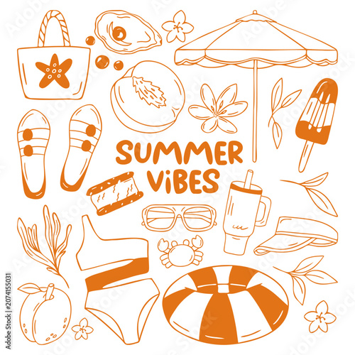 Summer vector elements collection with swimsuit, umbrella, ring float, sunglasses, beach bag, slippers, tumbler, orange doodle flat retro style. Vacation design for tropical resort banner, card