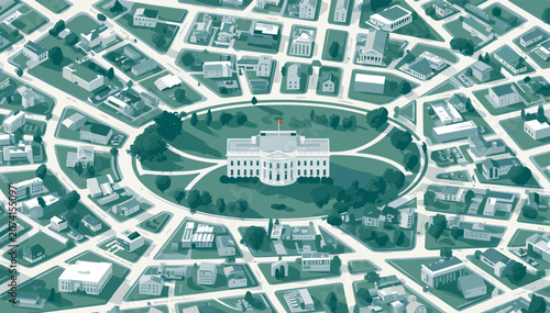 Obraz na płótnie Aerial view illustration of the White House at the center of a circular road and a surrounding city grid with houses in a green and teal palette