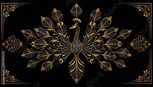 Elegant Golden Peacock Line Art with Ornamental Floral Feathers on Black Background, Luxury Decorative Vintage Design, Premium Foil Illustration, High-End Wallpaper