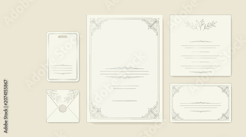Elegant stationery set with floral borders: invitation, envelope, card, and postcard.