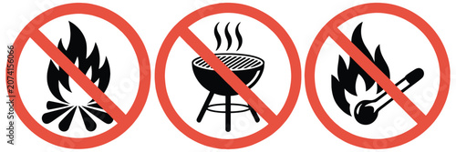 Schilderij op canvas No open fire prohibition signs, red warning circle icons for fire, grilling and match restrictions, safety and hazard prevention vector
