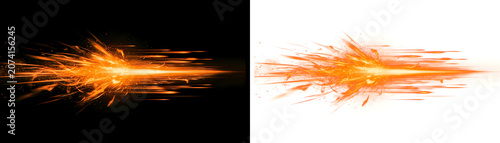 Orange, glowing, fiery explosion effects, light trails, sparks, on black and white backgrounds