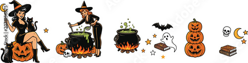 Fotografie Vintage Halloween element set with retro pinup witches black cats bubbling caul