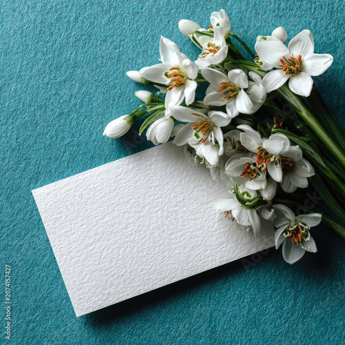 White flowers bunch on blue, blank textured card