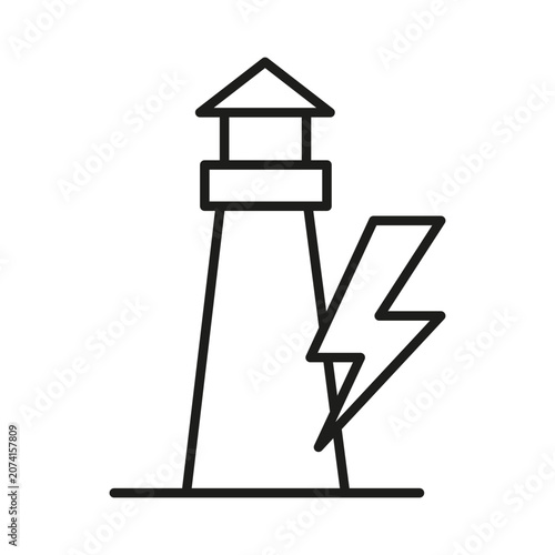 Lighthouse lightning storm marine navigation features linear vector element. Visualizes sea ocean travel and coastal safety guidance.