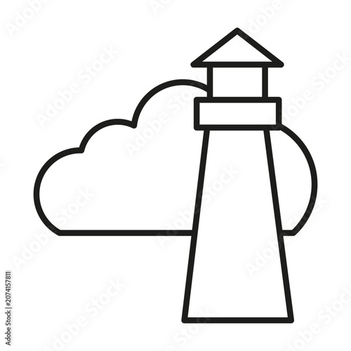Lighthouse cloud marine navigation features linear vector element. Visualizes sea ocean travel and coastal safety guidance.