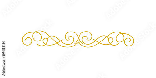 Elegant golden swirl border, decorative scroll divider with ornate curls and flourishes, isolated on transparent background