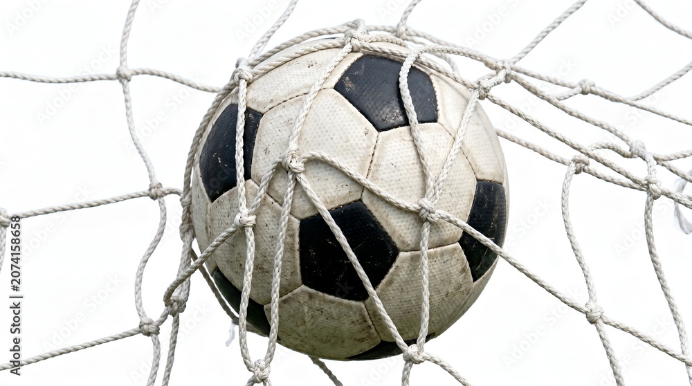 Naklejka premium Soccer ball hitting the white goal net during a match.
