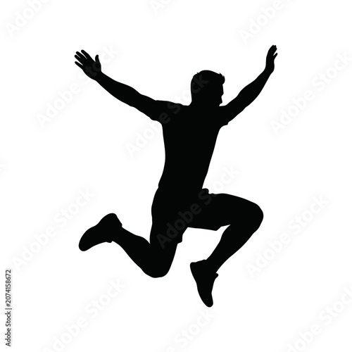 Jumping man silhouette, dynamic human figure, black athletic icon, energetic pose vector isolated on White Background Silhouette