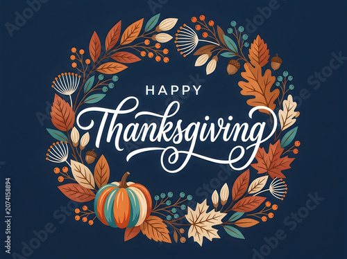 Vibrant autumnal Happy Thanksgiving digital illustration featuring elegant cursive text surrounded by ornate pumpkin, leaf, and berry floral wreath on deep navy backdrop with warm golden lighting