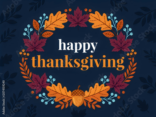 Vibrant autumnal Thanksgiving celebration graphic featuring handcrafted wreath design with acorns, berries, and maple leaves on deep navy backdrop