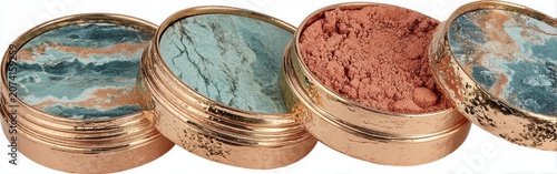 Makeup palette tins in teal, brown, and coral shades