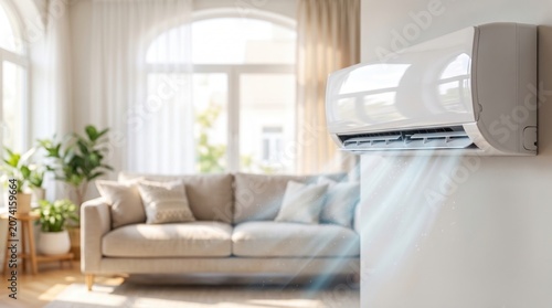 Modern wall-mounted air conditioner cooling a bright living room during a hot summer day. Home climate control, energy efficiency, indoor comfort and heat wave concept