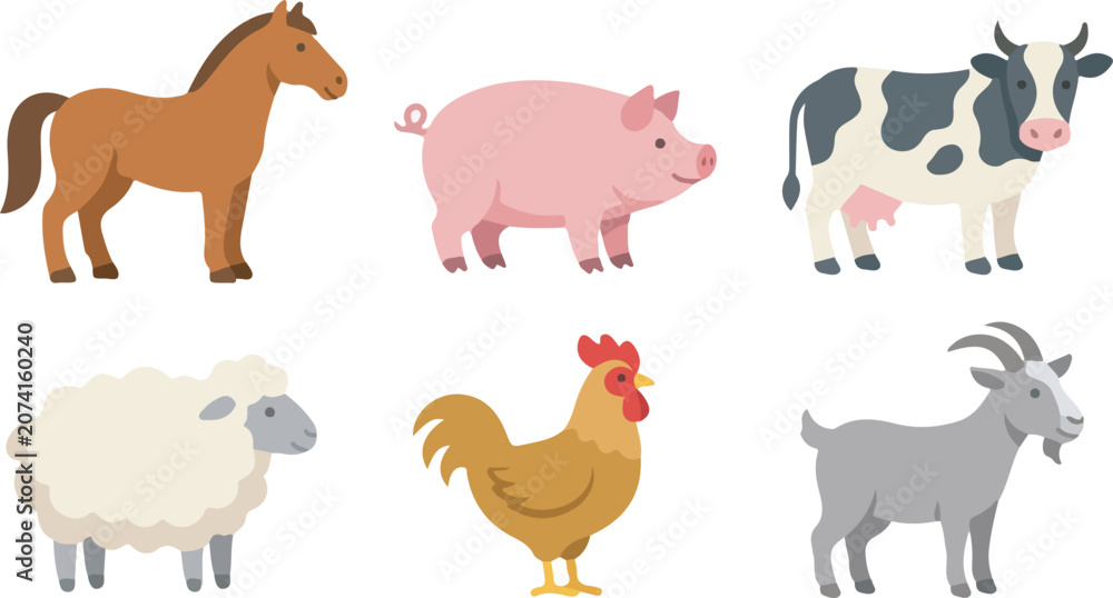 Fototapeta premium Set of Cute Farm Animals Vector Illustration for Kids Projects