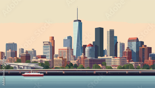 Photos Vibrant city skyline illustration with modern skyscrapers along a calm river, featuring a small boat in the foreground under a clear, warm sky