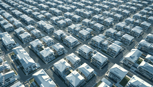 Tableau sur toile Aerial view of a sprawling, densely packed residential neighborhood with numerous identical houses and grid-like streets under a clear sky