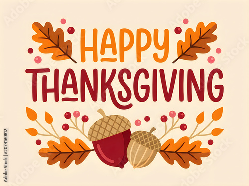 Vibrant autumnal Happy Thanksgiving digital illustration featuring acorns, leaves, and berries in warm sepia-toned color palette with playful hand-drawn style