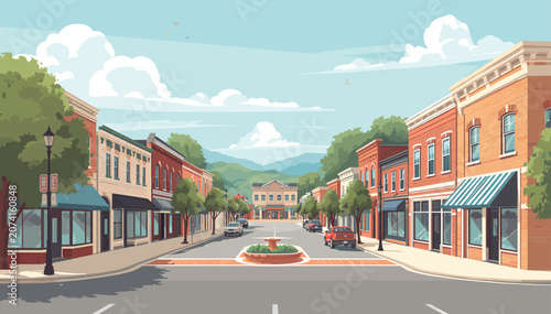Cuadro en lienzo A charming cartoon illustration of a vibrant small town main street with shops, cars, a fountain, and mountains in the background