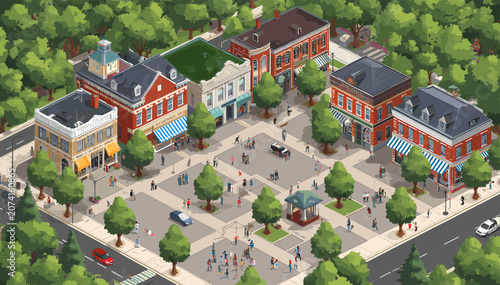 Isometric view of a bustling town square surrounded by classic buildings, lush trees, and active people, with cars on the surrounding streets.