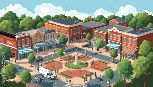 An aerial view illustration of a vibrant small town square with shops, people, and a central monument.