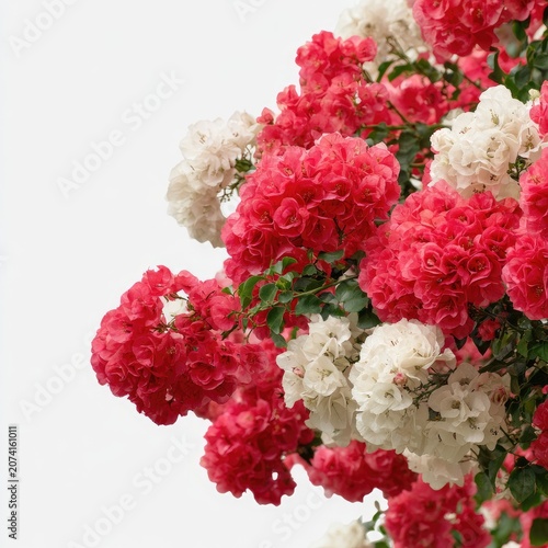 Red and white roses cluster against a white sky