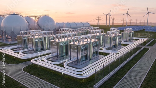 Modern hydrogen energy storage facility with fuel cells pipes wind turbines and solar panels at sunset showing renewable green power generation and sustainable clean technology infrastructure