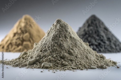 Three piles of fine powder, differing colors, soft focus