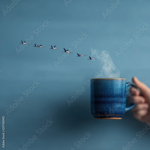 Blue mug steaming, hand-held, birds flying above