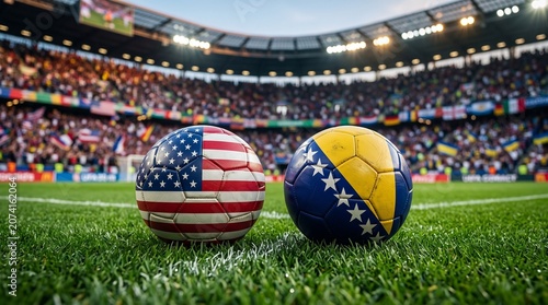 United States and Bosnia and Herzegovina National Flags on Soccer Balls on Stadium Field  International Football Match Concept