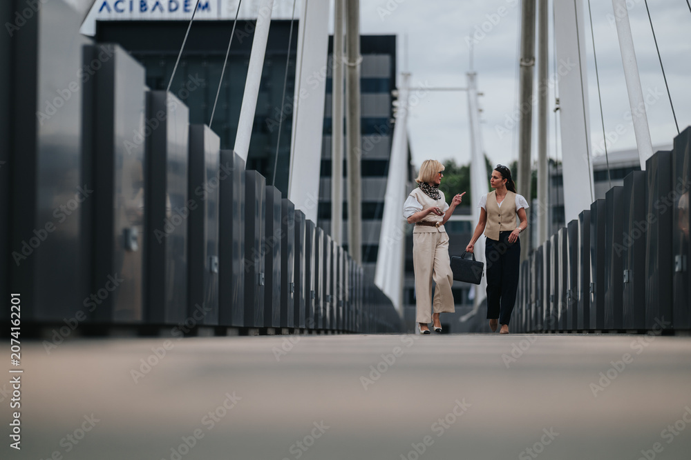 Fototapeta premium Two businesswomen walk and talk across a modern pedestrian bridge carrying a briefcase. The colleagues converse while crossing an urban suspension bridge in professional attire.