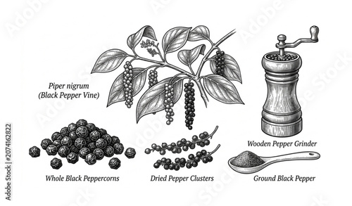 Vintage Black Pepper Botanical Sketch Vector Set